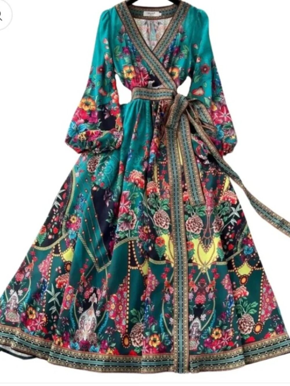 Dalia Macphee Long Sleeve Belted Floral Print Maxi Wrap Teal Boho Luxury Dress